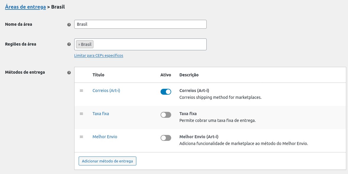 Página de configuração do plugin