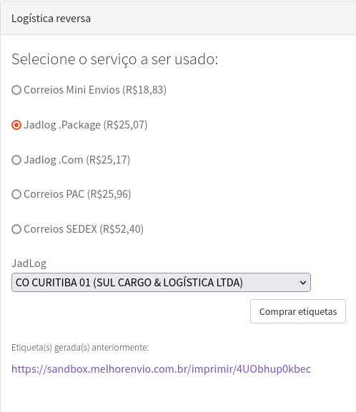 Botões de logística reversa