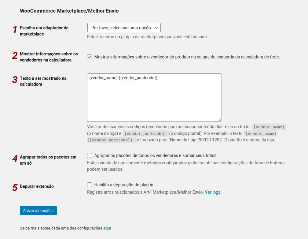 Página de configuração do plugin